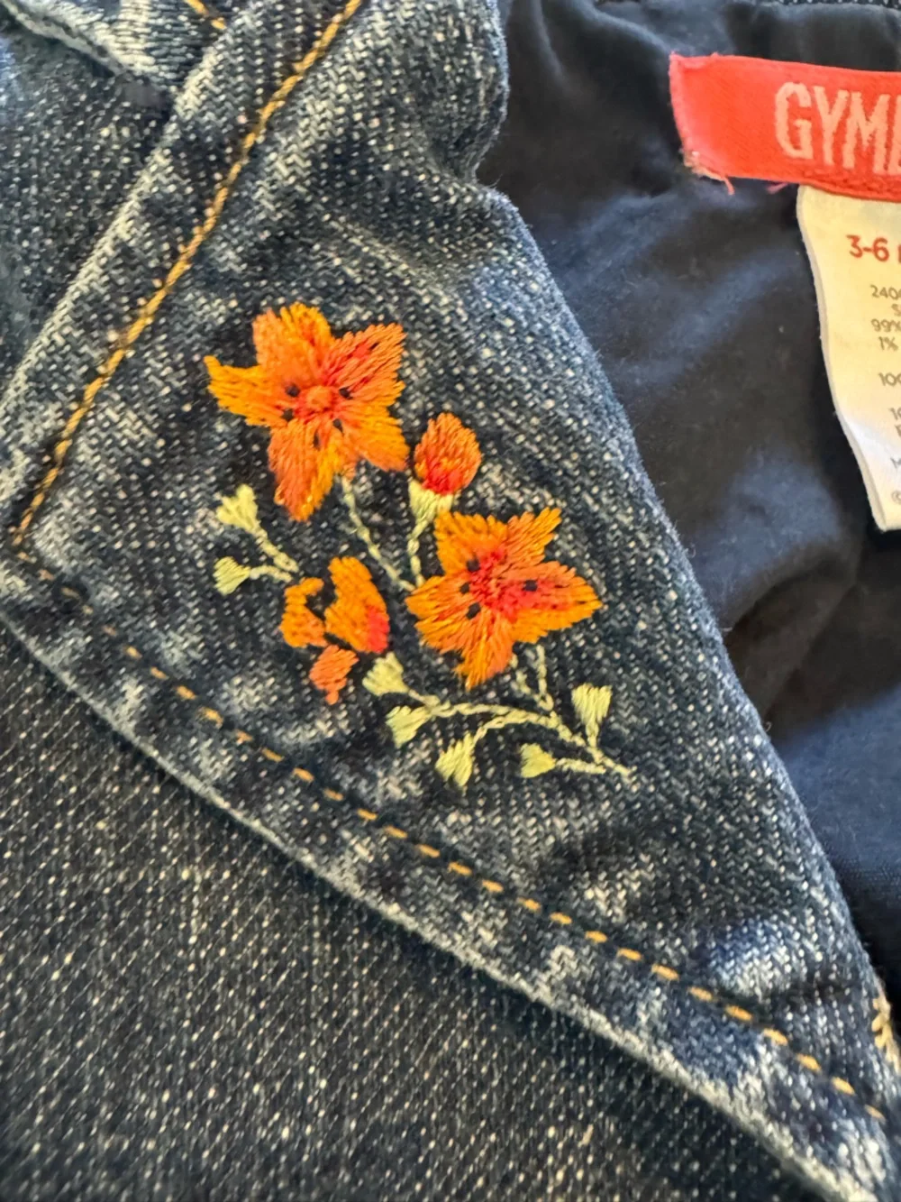 Gymboree Dark Blue Denim Jacket with Embroidered Orange Flowers and Striped Belt